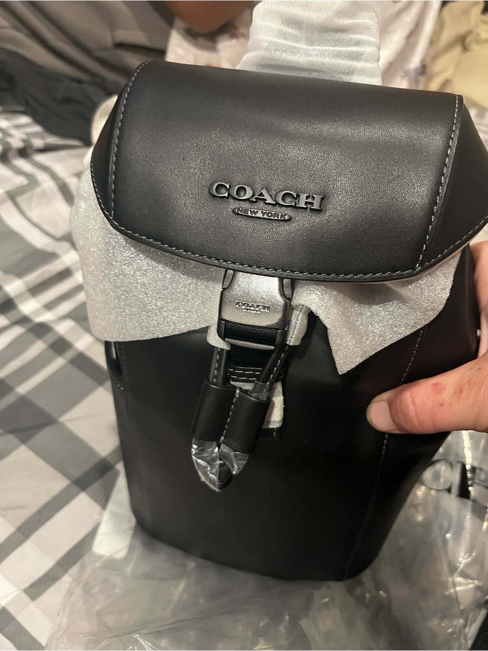 Coach Black Leather Men's Backpack with Logo Front Flap